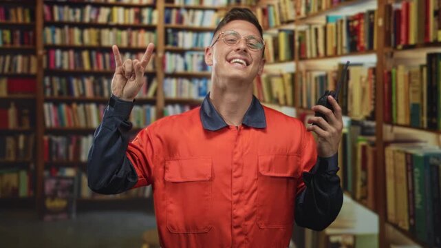 Man mechanic in orange coverall holding a walkie talkie and making rock horns gesture with his hand in a building library; playful joy.