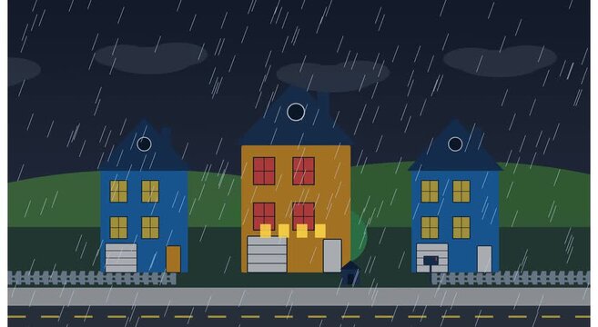 Stormy weather with lightning striking a suburban house flat animation