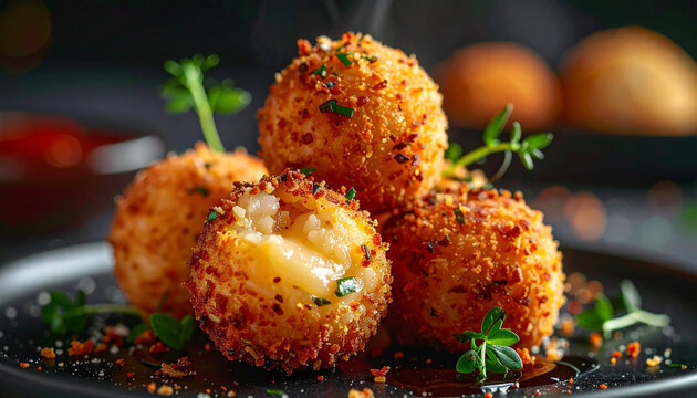Golden arancini risotto balls with cheese pull and crispy texture in refined fine dining presentation