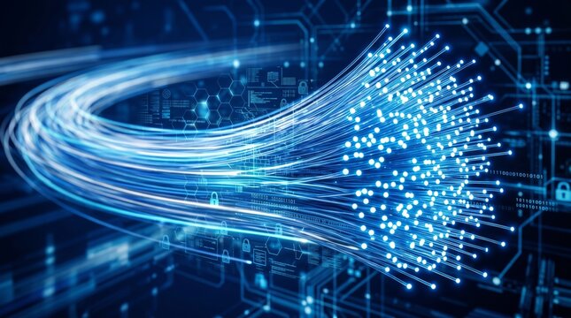 Abstract glowing blue fiber optic cables transferring high speed data over digital circuit background