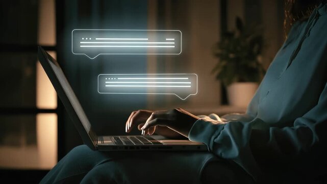 A person types on a laptop in a dark room. Messages appear on the screen as they continue their work late at night.