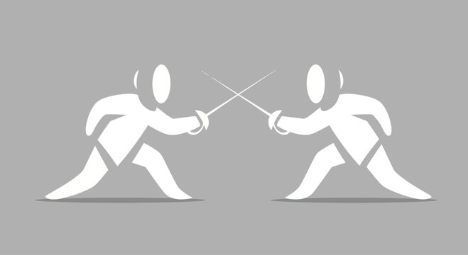 Two fencers in white uniforms clashing swords on a gray background