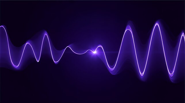 Glowing purple abstract sound wave frequency line with central light pulse flare on dark digital network background.