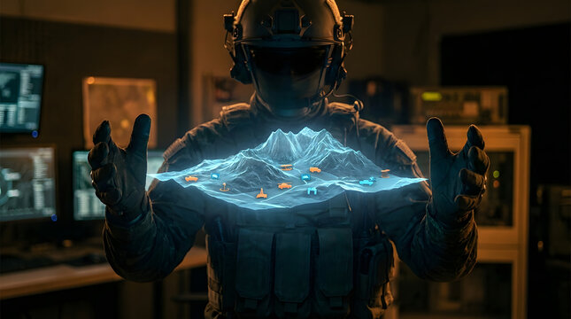 Tactical soldier analyzing a holographic 3d terrain map for military operations, isolated on transparent background for advanced tech design.