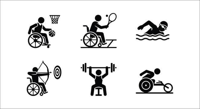 paralympic sports icons set black silhouettes on white background