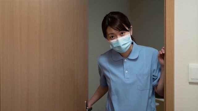  Japanese Female Caregiver Quietly Checking Resident Room at Night, 4K