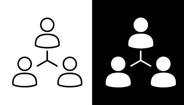 Organizational Chart Icons: Simple line art icons depicting a hierarchical structure with one leader and two subordinates, presented in both black and white versions for versatile design use.