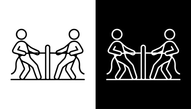 Tug of War Iconography: Two stylized figures engage in a classic tug-of-war, representing competition, conflict, and opposing forces, depicted in bold monochrome line art.