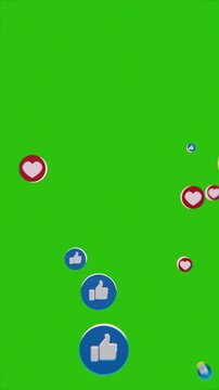 heart and like icons floating on green screen background