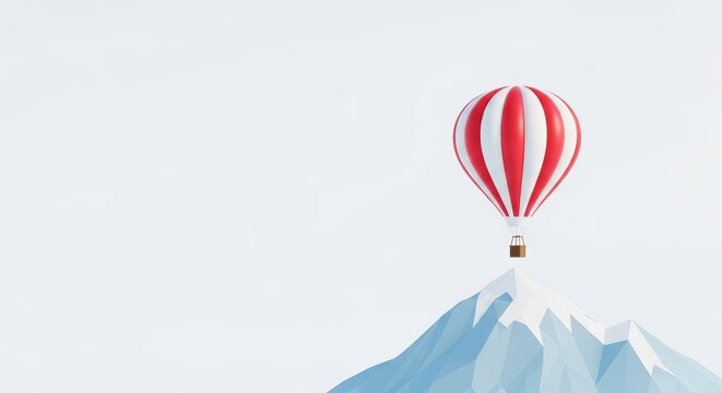 Hot air balloon flying over mountain.