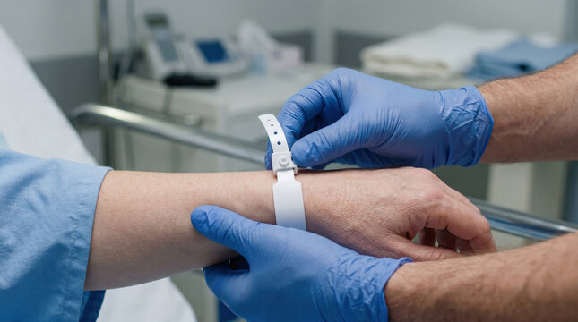 Medical professional attaching ID wristband to patient in hospital setting  