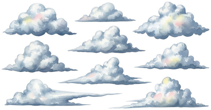 Watercolor fluffy grey clouds set with soft pink and yellow highlights isolated transparent background image