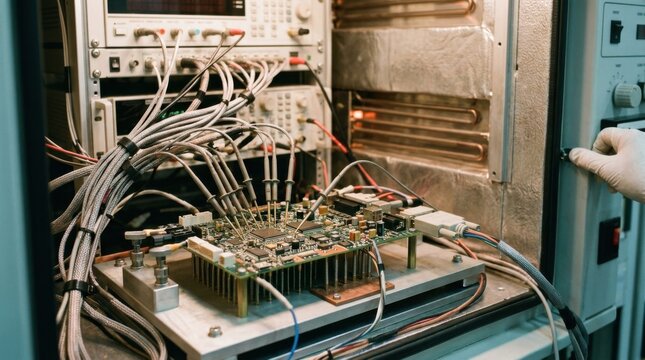 Medium shot of burnin testing in a functional test fixture bay applying stress conditions with bedofnails fixtures to monitor reliability of fully assembled circuit boards.