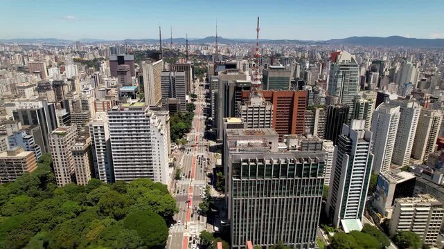 SAO PAULO, BRAZIL - MAY 2026: High angle aerial day view of Paulista Avenue financial district showing MASP museum