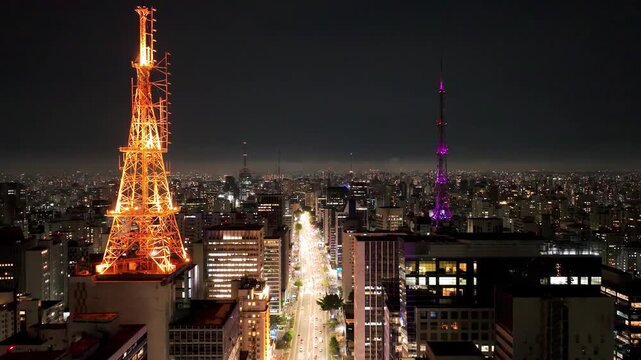 SAO PAULO, BRAZIL - MAY 2026: Aerial night view of Paulista Avenue and building, Sao Paulo - Brazil drone footage