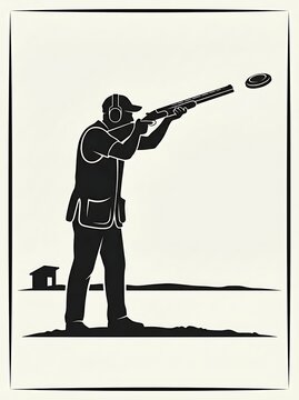 Silhouette of a clay pigeon shooter aiming a shotgun at a flying target.