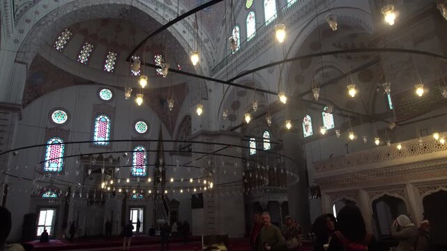 Interior of Sultan Ahmed Mosque Blue Mosque in Istanbul with Historic Ottoman Islamic Architecture and Illuminated Prayer Hall