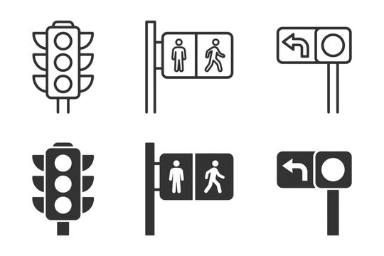 Traffic and pedestrian icons: stoplights and signs for road navigation.