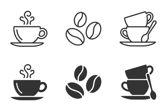 Coffee icon set with cups and beans in minimalist black and white design.