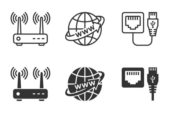 Internet connectivity icons: router, globe, ethernet cable symbols in black and white.