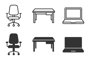 Fototapeta premium Office furniture icons: chairs, desks, laptops in black and white.
