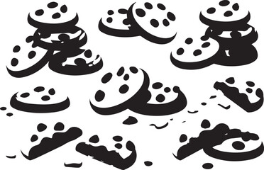 Fototapeta premium Black silhouette of cookies with chocolate chips on white background, isolated on white background
