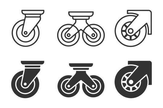 Set of six wheel caster icons for furniture and equipment design.