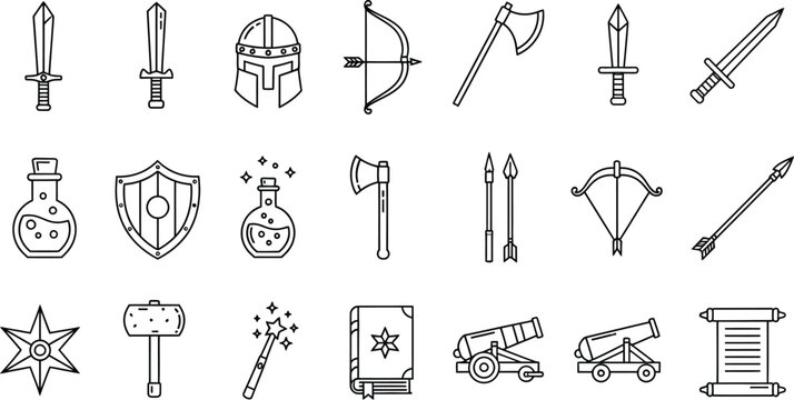Medieval weaponry and fantasy artifacts including swords, shields, and magic items are organized in a detailed outline set.