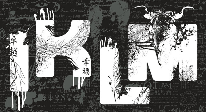 The letters I, K, L and M. A vector grunge font for word images featuring human parts, eyes, and mouths, along with plant and animal elements. Alphabet on Themes: horror, witchcraft, and magic. 