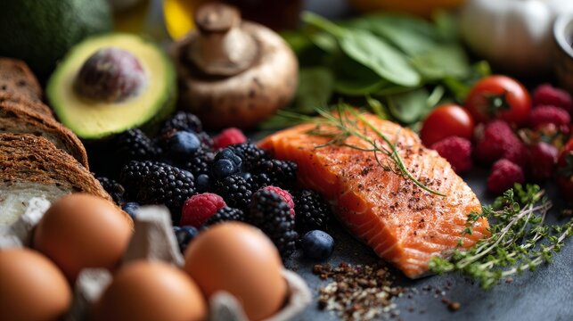 Healthy foods sit on a table, close up.