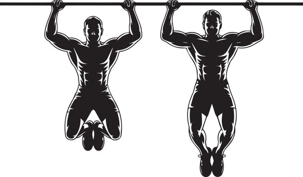 Vector illustration of two muscular men doing pullups isolated on white background with strong physiques