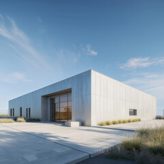 Obraz premium Modern minimalist industrial building with concrete facade and large glass entrance in arid landscape