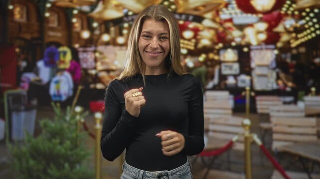Young blonde woman tucks hair with both hands while smiling and squinting, framed by rope stanchions and wooden benches in a street market; relief.