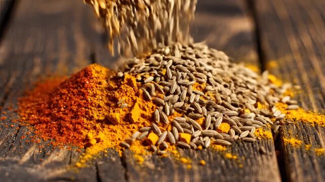 Closeup of vibrant spices being poured onto a rustic wooden surface.