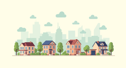 Fototapeta premium Charming Suburban Houses with Green Trees and City Skyline.