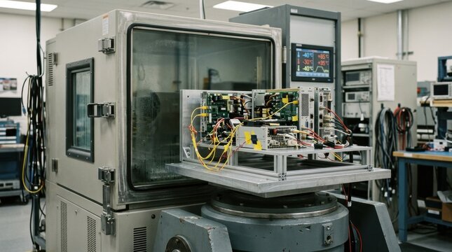 Medium shot of electronic instruments inside an environmental stress screening chamber experiencing thermal cycling for durability testing. Closeup of complex devices secured in a