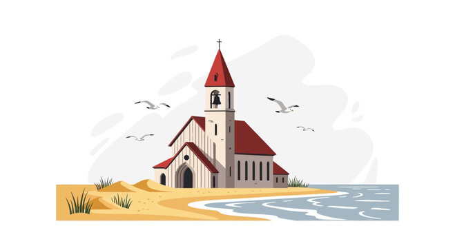 Coastal Church Building With Red Roof and Bell Tower.