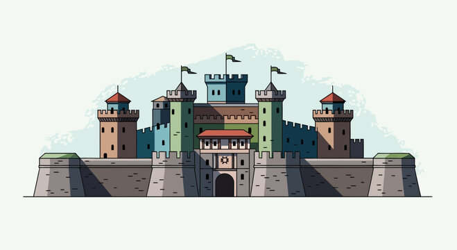 Colorful Medieval Castle Fortress with Towers and Walls.