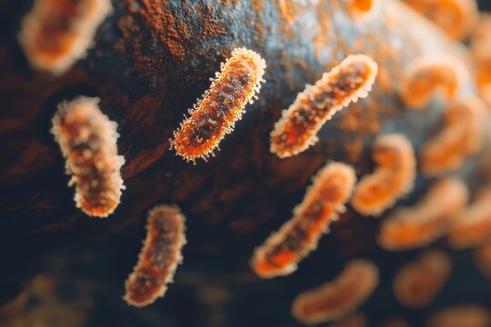 Microscopic view of bacteria on a wooden surface seen in a lab setting during daylight hours