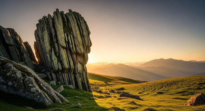 Majestic rugged rock formation at sunrise with rolling green hills and mountains