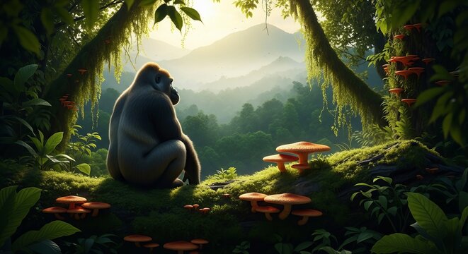 Majestic silverback gorilla sitting peacefully in a lush vibrant jungle landscape scene