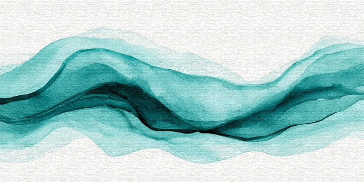 Abstract teal watercolor wave on textured paper, fluid turquoise ink brush strokes, artistic ocean ripple vector background for elegant web design