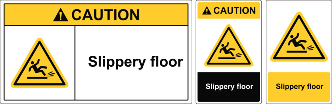 Caution slippery floor signs and warning symbols on yellow and black backgrounds