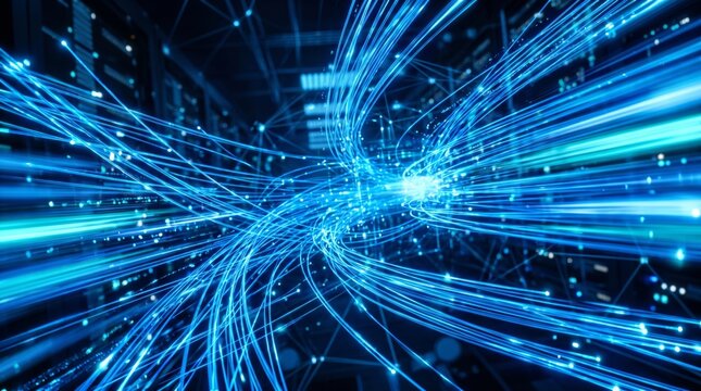 Futuristic server room with high speed digital data lines and glowing blue fiber optic light trails