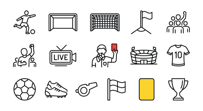 soccer icons set line art style on white background