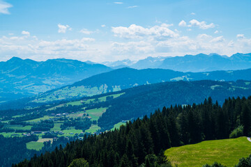 Fototapeta premium Panoramic alpine meadow with forest mountains and snow covered peaks under sunny blue sky