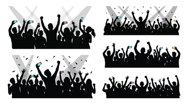 Silhouettes of excited concert crowds holding up glowing smartphones while enjoying a lively musical performance show