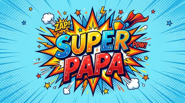 Vibrant pop art style super papa text with colorful explosion