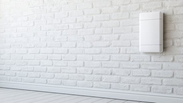 Signal booster on white brick wall, room for writing.
