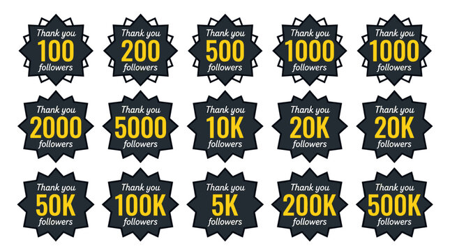 Collection of star-shaped badges thanking users for reaching various follower milestones on social media.